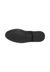 Schwarze Herrenschuhsohle mit strukturierter Griffigkeit im Vorderbereich und glattem Fersenabschnitt, dargestellt vor weißem Hintergrund.