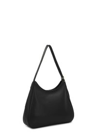Sac hobo en cuir noir avec une texture lisse, une forme incurvée et une seule sangle réglable. Présente des accents matériels en or subtil.