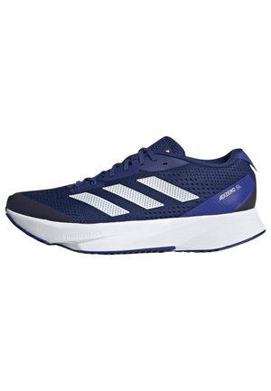 Granatowy but do biegania Adidas z białymi paskami, cholewką z siateczki, białą podeszwą i napisem "Adizero SL" po stronie pięty.