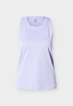 Svetlofialové športové tielko bez rukávov s okrúhlym výstrihom a malým bielym logom Asics na ľavej strane hrudníka.