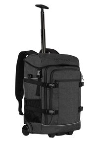 Schwarzer Rad-Rucksack mit ausziehbarem Griff, gepolsterten Trägern, mehreren Fächern und seitlichem Mesh-Tasche. Strukturiertes Material mit Schnallen und Reißverschlüssen.