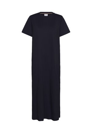 Rochie lungă neagră cu mânecă scurtă, dintr-un material moale, având croială dreaptă și decolteu rotund. Design simplu, fără modele sau accente.