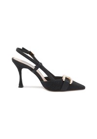Scarpa con punta affilata, tacco a stiletto nera, con tessuto testurizzato, sottile fascetta alla caviglia e una fibbia decorativa con perle. Design con tacco a stiletto.