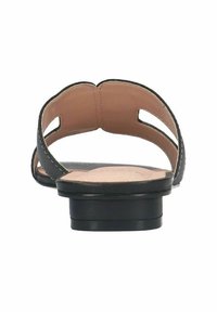 Black sandal with a low block heel, open back, dual strap design, and cut-out details. Smooth leather-like upper and padded insole.