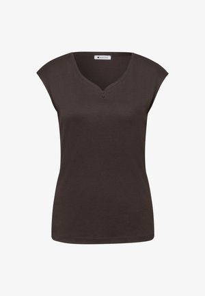 Haut sans manches marron foncé avec un col en V et deux petits boutons sous l'encolure, coupe ajustée.