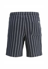 Marine-stribede shorts lavet af et struktureret stof, med elastisk talje og en baglomme. Striberne skifter mellem marineblå og lys grå.
