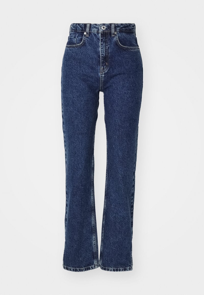 Blaue Jeans aus Denim mit hohem Bund, geradem Bein und subtilen Ausbleichungen. Verfügt über einen klassischen Fünf-Taschen-Stil und einen Knopfverschluss.