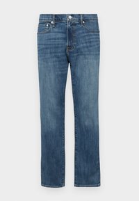 Blugi din denim de culoare albastră deschisă, cu un design drept, prezentând un stil cu cinci buzunare, închidere cu buton și detalii de decolorare subtile.