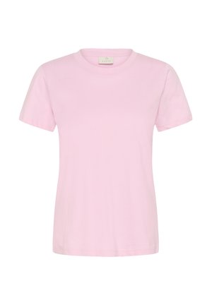 Maglietta semplice in cotone, colore rosa chiaro, maniche corte e scollo tondo, mostrata su sfondo bianco.