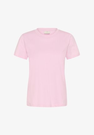 Maglietta semplice in cotone, colore rosa chiaro, maniche corte e scollo tondo, mostrata su sfondo bianco.