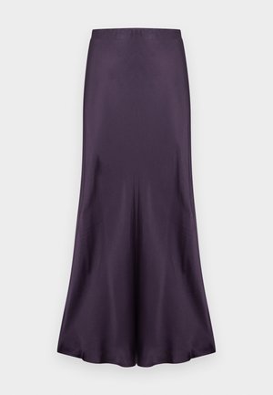 Violetti satiinihame, jossa liehukehelma, sileä pinta ja istuva vyötärö. Suunniteltu tyylikkään ja virtaavan siluetin luomiseksi.