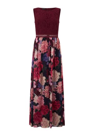 Vestido largo sin mangas con corpiño de encaje color burdeos, cinturilla con cuentas y falda fluida con grandes patrones florales en tonos rosa, rojo y púrpura.