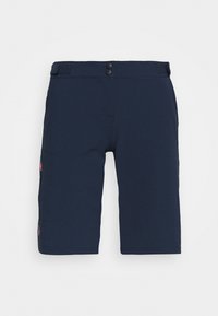 Tmavě modré šortky vyrobené z elastického materiálu, s knoflíkovým zapínáním, akcenty na suchý zip a boční kapsou pro praktičnost.