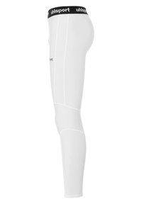 Leggings de sport blancs avec une coupe ajustée, dotés d'une taille élastique noire avec le logo "uhlsport", texture de tissu lisse.