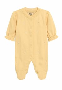 Bodysuit amarillos para bebés con mangas cortas abullonadas, bordado decorativo de flores y cierres de presión en la parte frontal y en la parte inferior para facilitar el vestirse.