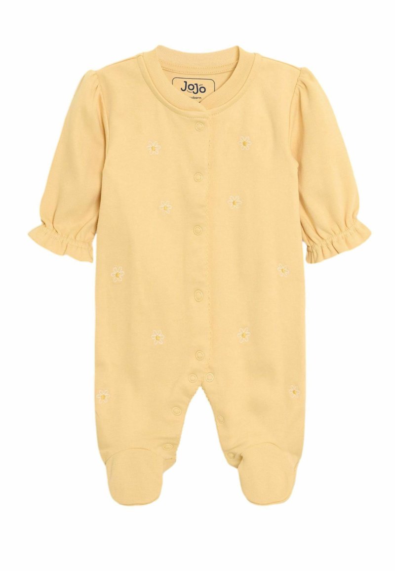Bodysuit amarillos para bebés con mangas cortas abullonadas, bordado decorativo de flores y cierres de presión en la parte frontal y en la parte inferior para facilitar el vestirse.