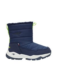 Marineblaue Winterstiefel mit gestepptem Obermaterial, grünen Akzenten und weißer Sohle. Sie verfügen über ein Fleece-Futter und eine kleine Zugschlaufe für einfaches Anziehen.