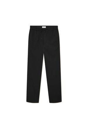 Zwarte, lichtgewicht, rechte broek met een elastische tailleband en trekkoord, met een gladde textuur en zonder zichtbare patronen of accenten.