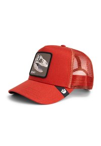 Red cap with a solid front and mesh back, featuring an embroidered dinosaur graphic on a patch. Includes a black accent on the side.