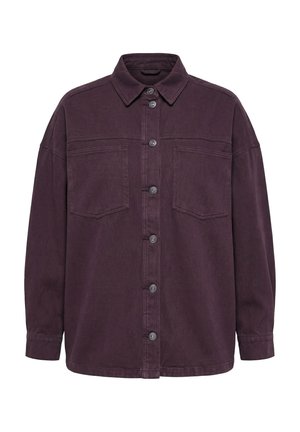 Košile z tmavě fialového denimu na knoflíky s dlouhými rukávy, dvěma náprsnými kapsami a špičatým límcem.