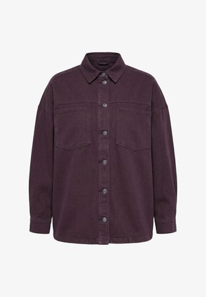 Košile z tmavě fialového denimu na knoflíky s dlouhými rukávy, dvěma náprsnými kapsami a špičatým límcem.