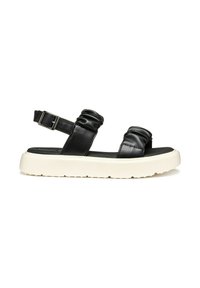 Schwarze Ledersandalen mit zwei gepolsterten Riemen und einer verstellbaren Schnalle. Sie verfügen über eine dicke weiße Sohle mit geriffelter Textur.