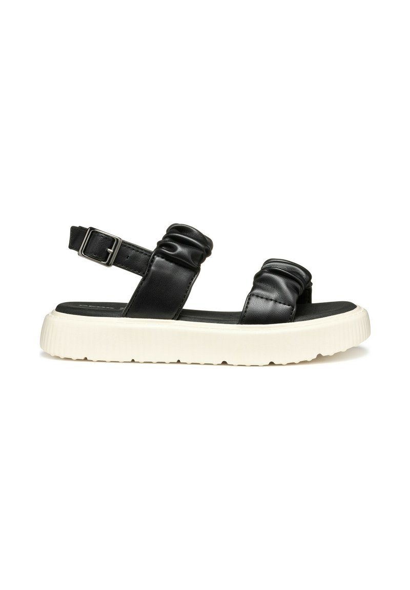 Schwarze Ledersandalen mit zwei gepolsterten Riemen und einer verstellbaren Schnalle. Sie verfügen über eine dicke weiße Sohle mit geriffelter Textur.