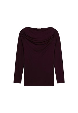 Donker paarse langesleeve shirt met een gedrapeerde halslijn en ruchesdetails op de schouders, weergegeven op een witte achtergrond.