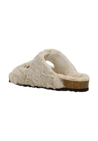 Sandaal met nepbont, beige kleur, kurken voetbed, open achterkant, gestructureerd oppervlak en rubberen zool met gripdetails.