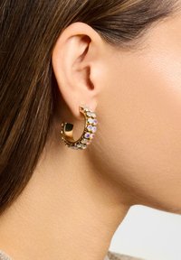 Guldøreringe i hoop-stil med et buet design og en række flerfarvede, glitrende ædelsten langs den forreste kant. Glat finish.