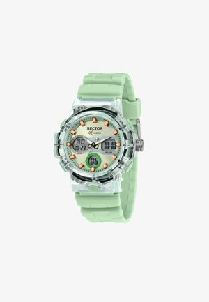 Orologio sportivo digitale con cassa trasparente e cinturino in silicone verde menta. Caratterizzato da indicatori delle ore arancioni, doppi schermi digitali e un accento verde.