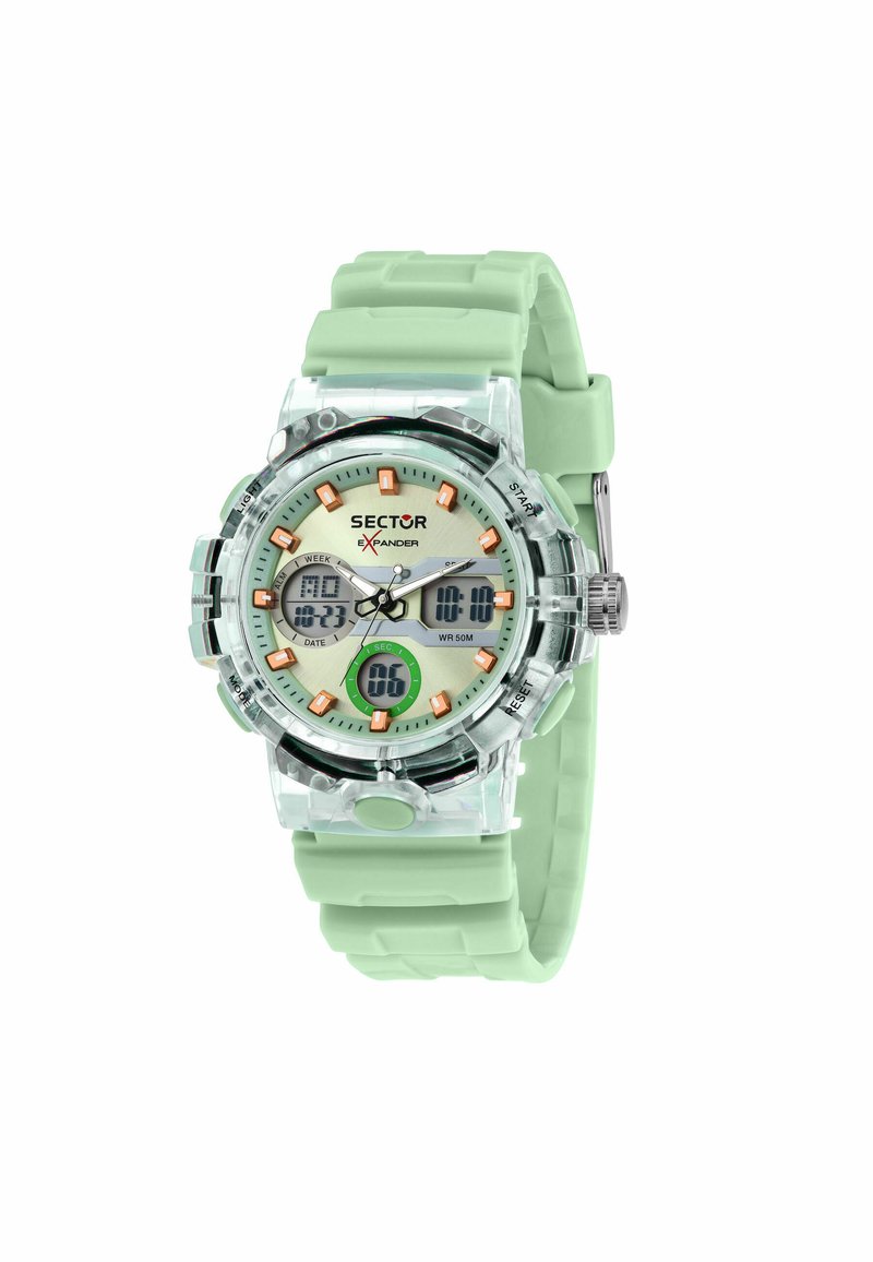 Orologio sportivo digitale con cassa trasparente e cinturino in silicone verde menta. Caratterizzato da indicatori delle ore arancioni, doppi schermi digitali e un accento verde.