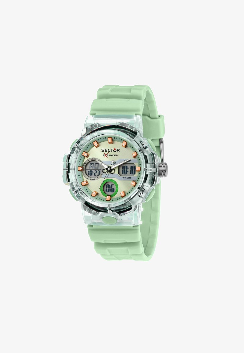 Orologio sportivo digitale con cassa trasparente e cinturino in silicone verde menta. Caratterizzato da indicatori delle ore arancioni, doppi schermi digitali e un accento verde.