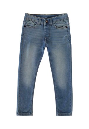 Blauwe denim jeans met een slim fit, vijf zakken en een knoopsluiting. De stof heeft een licht vervaagde wassing en een gladde textuur.
