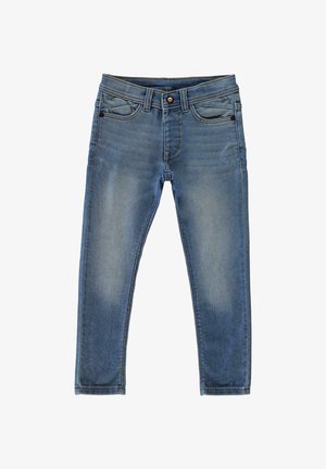 Blauwe denim jeans met een slim fit, vijf zakken en een knoopsluiting. De stof heeft een licht vervaagde wassing en een gladde textuur.