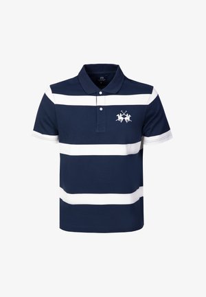 Granatowa koszulka polo z szerokimi białymi poziomymi paskami, kołnierzykiem, plisą na dwa guziki oraz białym logo gracza polo na lewej piersi.