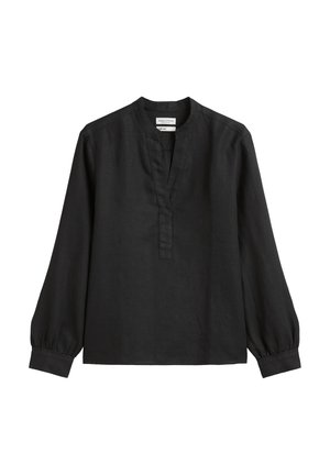 Bluză neagră din lenjerie, cu guler rotund, placket frontal și mâneci lungi umflate. Textură netedă, cu o croială lejeră și fără modele vizibile.