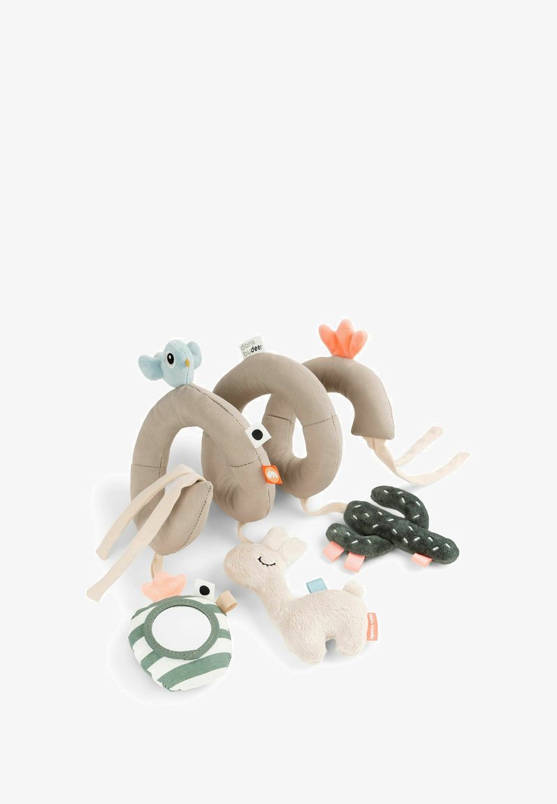 Weiche Plüschspielzeuge in verschiedenen Formen: zwei biegsame beige Spiralen, ein blauer Vogel, ein Kaktus, ein gestreifter Spiegel und ein cremfarbener Llama. Bemerkenswerte Texturen und Farben.