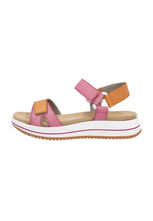 Pink and orange women's sandal with adjustable straps, textured leather, cushioned insole, and white and brown sole with a pink accent stripe.
