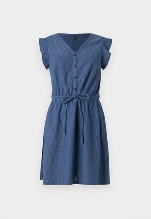 Blue short dress with a V-neck, short ruffled sleeves, button front, waist tie, textured pattern resembling waves, and a flared skirt.