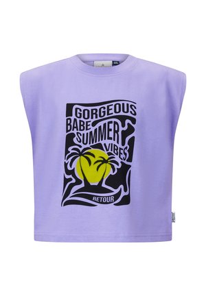 Chemise lavande sans manches avec un motif graphique noir et jaune audacieux, des palmiers et un texte indiquant "Gorgeous Babe Summer Vibes Retour."