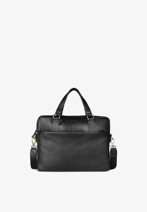 Schwarze Ledertasche mit zwei Griffen, abnehmbarem Schultergurt und äußerer Einschubtasche vor weißem Hintergrund.