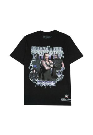 Schwarzes T-Shirt mit mehreren Bildern des Wrestlers Undertaker, gotischer Friedhof-Hintergrund und dem Text "Undertaker Deadman."