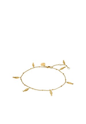 Gold chain bracelet with small fish-shaped charms evenly spaced around its length and a lobster clasp closure.