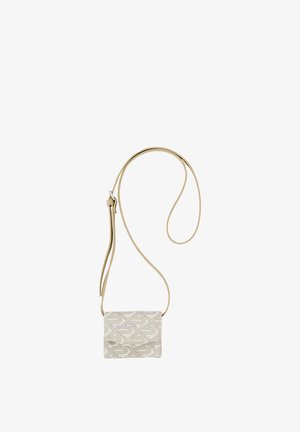 Kleine beige crossbodytas met verstelbare band, bedrukt met lichte geometrische vormen en de tekst "PROJECT PARIS" op de voorflap.