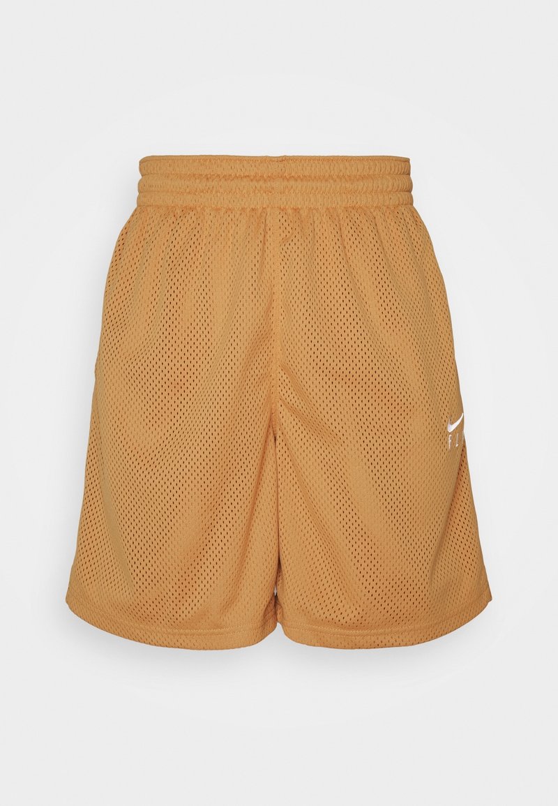 Short de sport en mesh marron clair avec une ceinture élastique et un petit logo blanc Nike sur la jambe droite, présenté sur un fond clair uni.