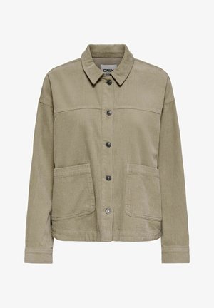 Šviesiai ruda korduroinė striukė su apykakle, priekyje su sagomis, ilgomis rankovėmis ir dviem didelėmis priekinėmis kišenėmis.