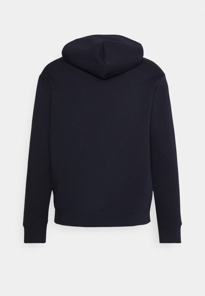 Sweatshirt à capuche bleu marine, tissu doux, manches longues, poignets et ourlet côtelés, design minimaliste, sans logos ni motifs visibles.