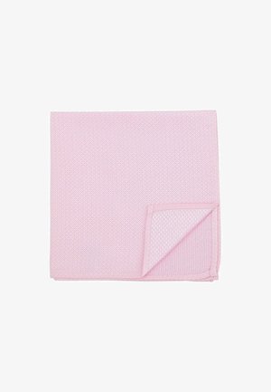 Light pink cotton napkin with a textured pattern, featuring a folded corner showing a similar texture on both sides. Square shape.