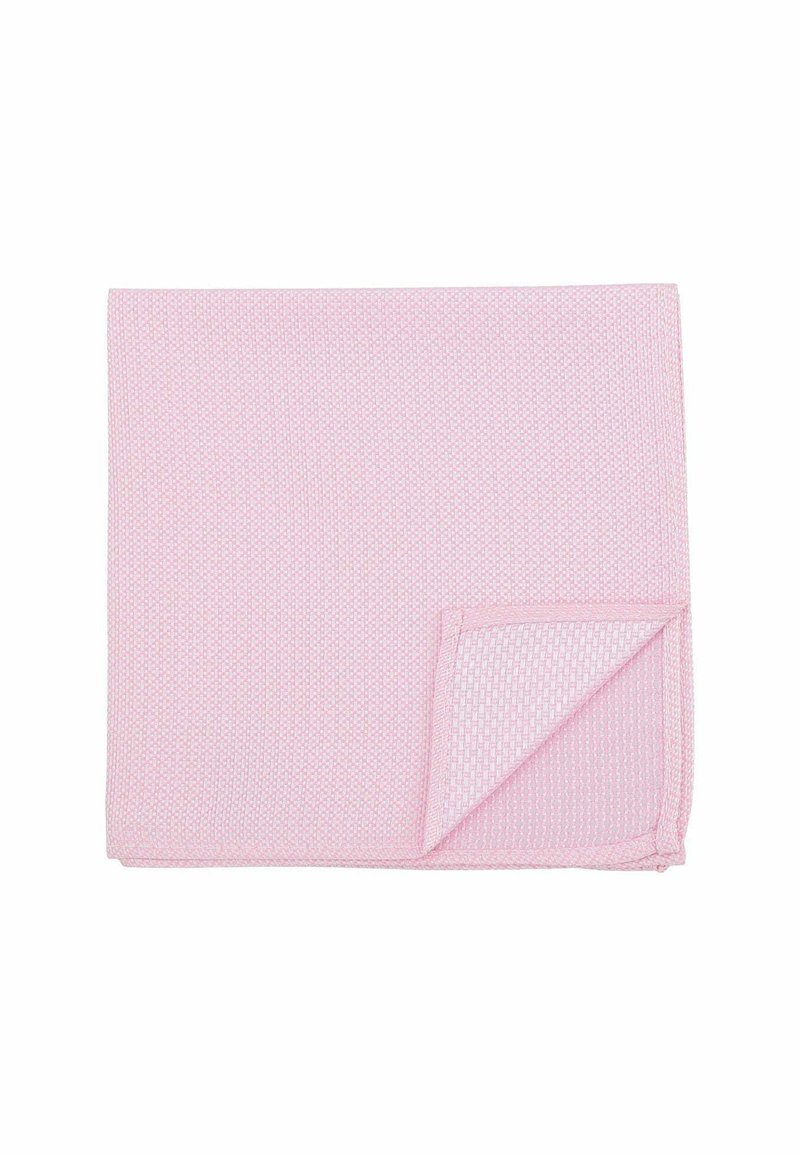 Light pink cotton napkin with a textured pattern, featuring a folded corner showing a similar texture on both sides. Square shape.